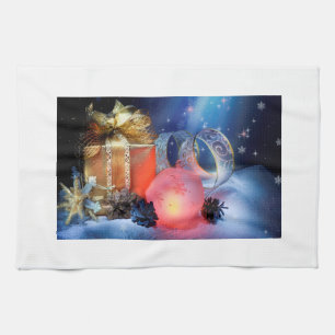 Christmas kitchen towel with presents & ornaments.