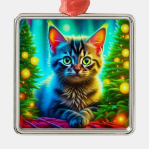 Christmas Kitten and Christmas Trees Metal Ornament