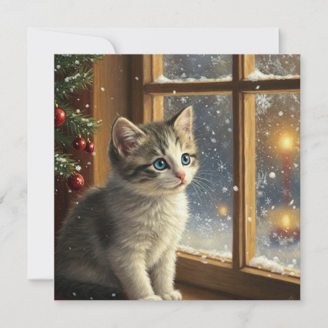 Christmas Kitten at the Window  Holiday Card (Front)
