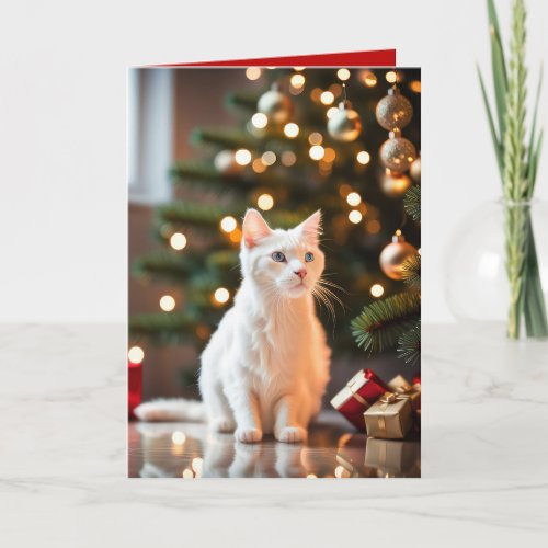 Christmas Kitten By The Tree Card