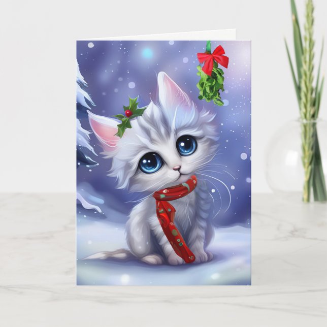 Christmas Kitten Cat Holiday Cute with Mistletoe  Card (Front)