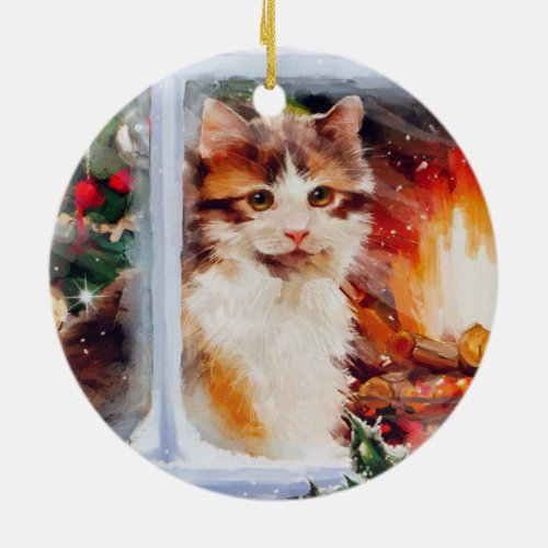 Christmas Kitten Ceramic Ornament