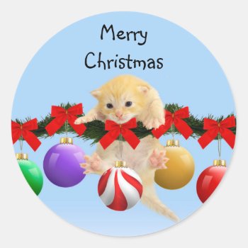 Christmas Kitten Classic Round Sticker by deemac2 at Zazzle