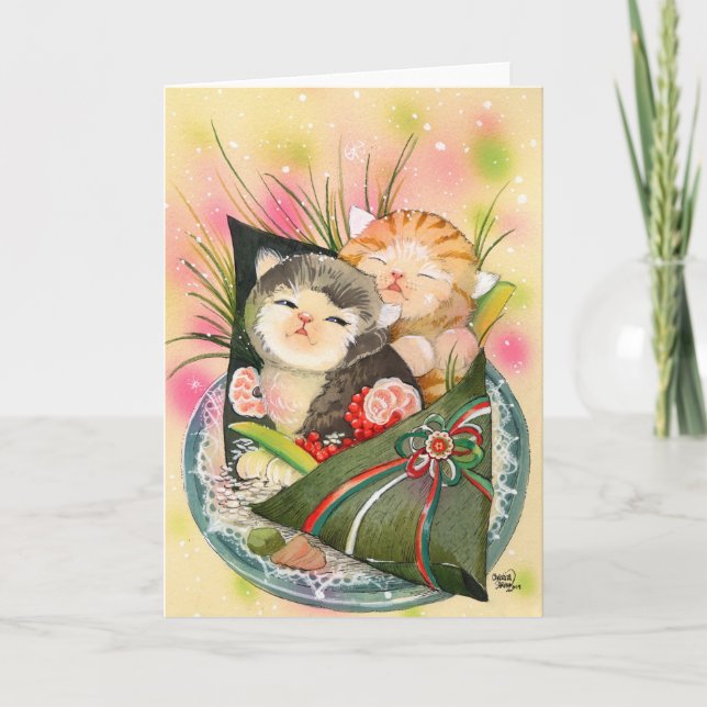 Christmas Kitten Handroll sushi Holiday Card (Front)