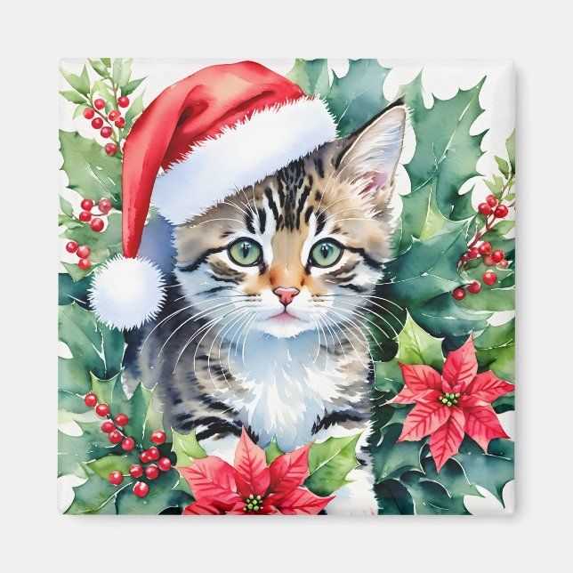 Christmas Kitten In Santa Hat Watercolor Magnet (Front)