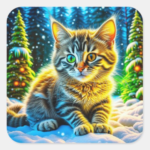 Christmas Kitten Playing in the Snow  Square Sticker