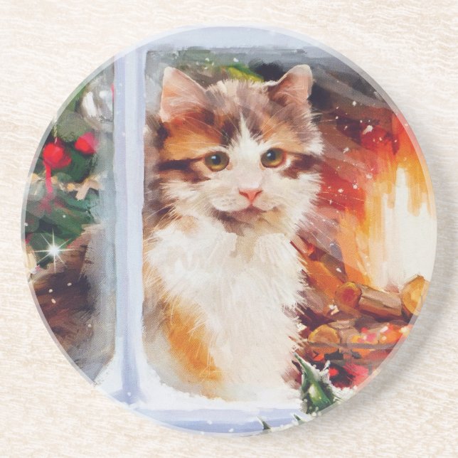 Christmas Kitten Sandstone Coaster (Front)