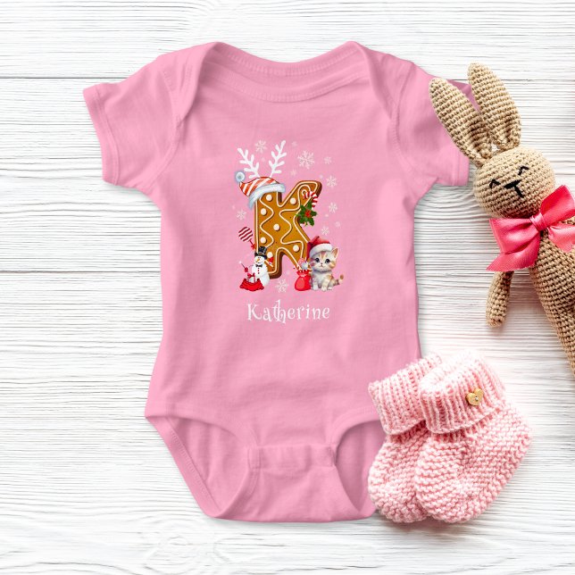 Christmas Kitten Santa Gingerbread Letter K Girl Baby Bodysuit (Creator Uploaded)