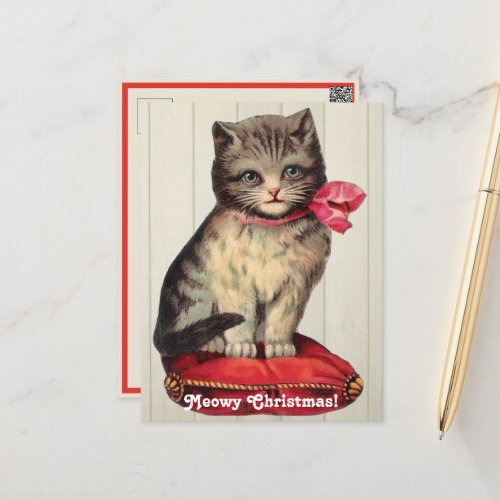 Christmas Kitten Sitting Wearing a Red Bow Holiday Postcard