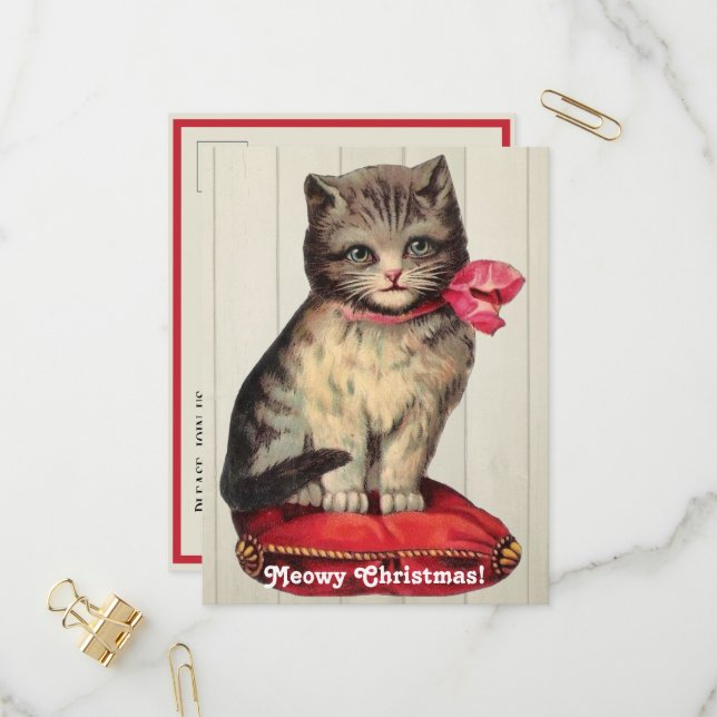 Christmas Kitten Sitting Wearing a Red Bow Invitation Postcard (Front/Back In Situ)