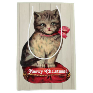 Christmas Kitten Sitting Wearing a Red Bow Medium Gift Bag