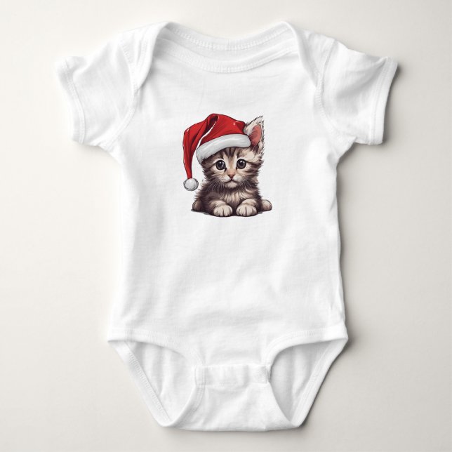 Christmas Kitten w Santa Hat, Holiday Kitty Cat  Baby Bodysuit (Front)