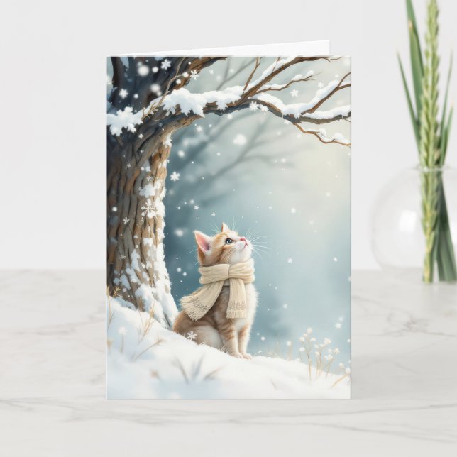 Christmas Kitten Watching Snowflakes Card (Front)
