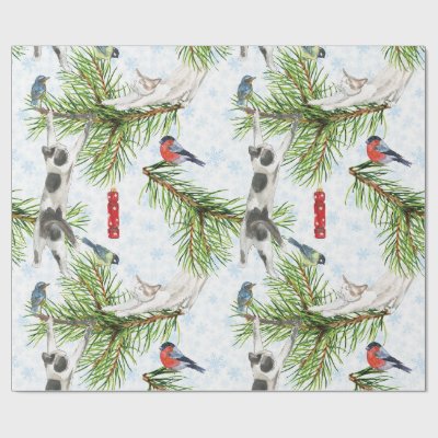 Christmas kitten with Birds Wrapping Paper