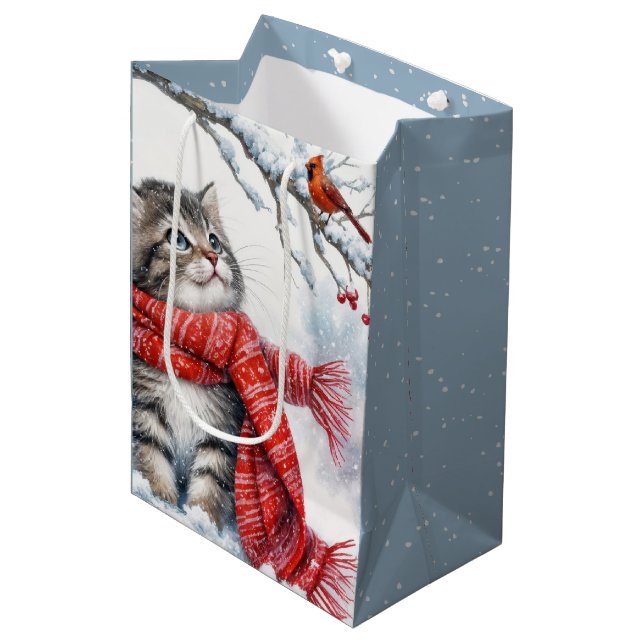 Christmas Kitten With Red Cardinal Medium Gift Bag (Front Angled)