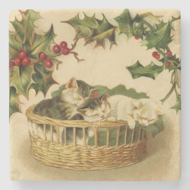 Christmas Kittens and Holly Stone Coaster (Front)