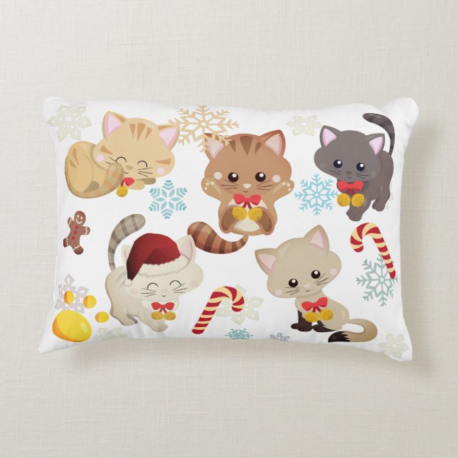 Christmas Kittens and Snowflakes Pattern Holiday Accent Pillow (Back)
