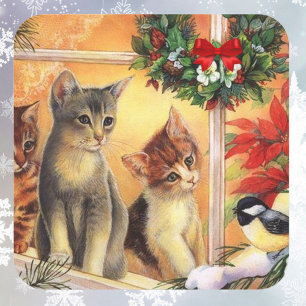 Christmas Kittens Birdwatching Cute Card Square Sticker