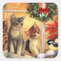 Christmas Kittens Birdwatching Cute Card Square Sticker