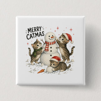 Christmas Kittens Building Snowman Button