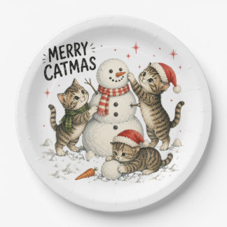 Christmas Kittens Building Snowman Paper Plates