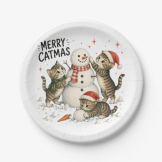 Christmas Kittens Building Snowman Paper Plates