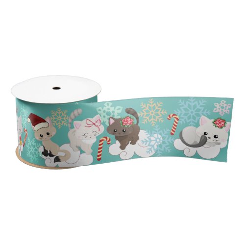 Christmas Kittens in Clouds and Snowflakes Satin Ribbon