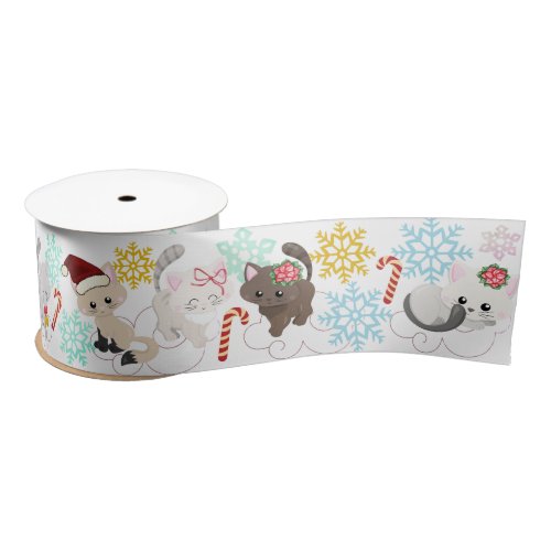 Christmas Kittens in Clouds and Snowflakes Satin Ribbon