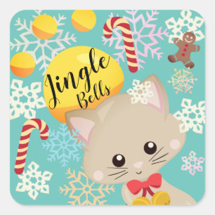 Christmas Kittens in Snowflakes with Paw Print Square Sticker