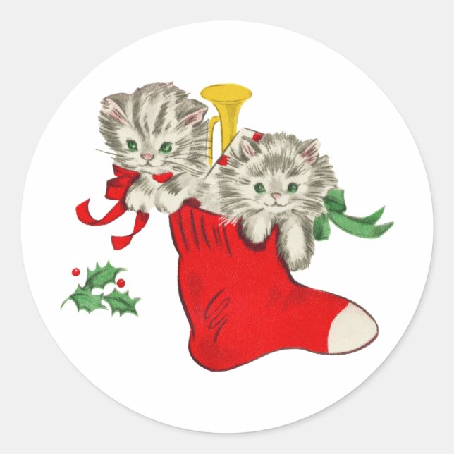 Christmas Kittens Vintage Gift Classic Round Sticker (Front)