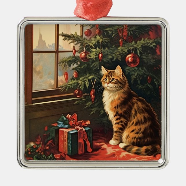 Christmas Kitty at the Window Metal Ornament (Front)