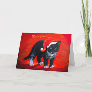 Christmas kitty cat black and white on red holiday card