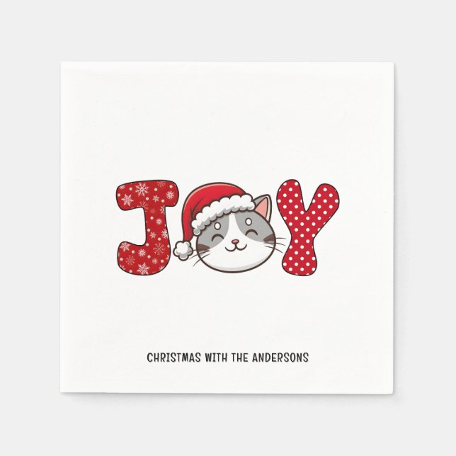 Christmas Kitty Cat "JOY" Custom Paper Napkins (Front)