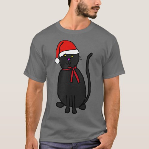 Christmas Kitty Cat Wearing Ribbon and Santa Hat T_Shirt