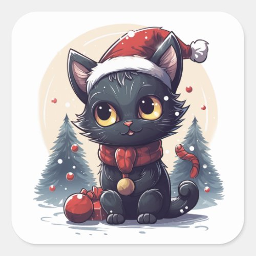 Christmas Kitty in a Winter Wonderland Square Sticker