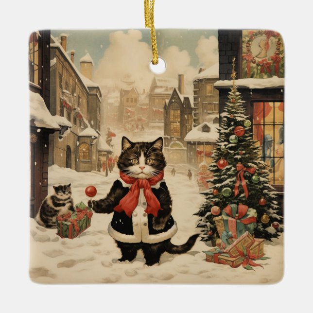 Christmas Kitty, Snowy Day Ceramic Ornament (Front)