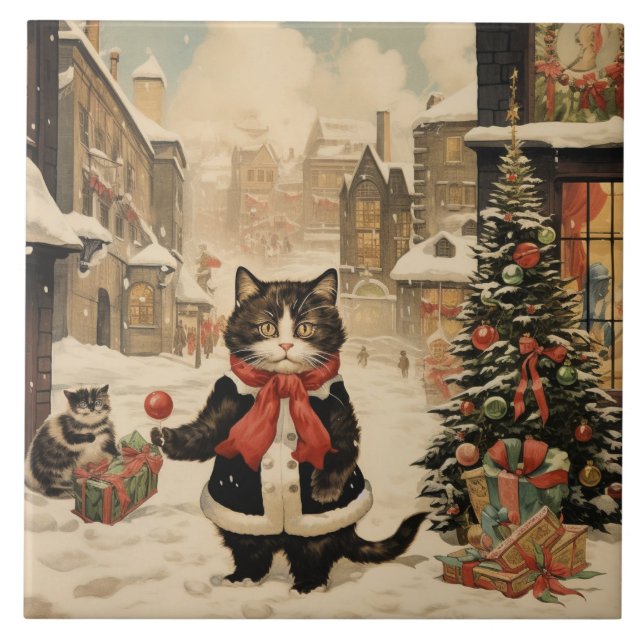 Christmas Kitty, Snowy Day Ceramic Tile (Front)