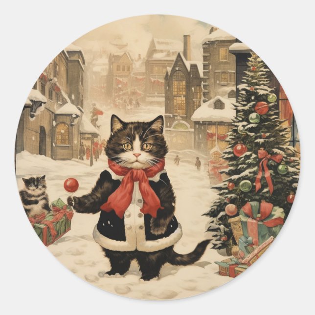 Christmas Kitty, Snowy Day Classic Round Sticker (Front)