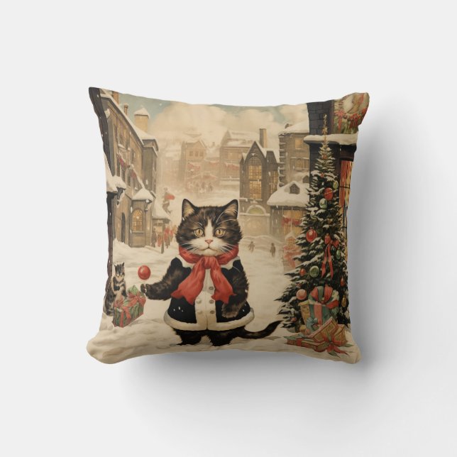 Christmas Kitty Snowy Day Throw Pillow (Front)