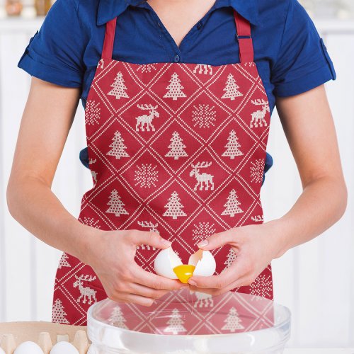 Christmas Knit Moose Tree Red Winter Holidays Apron