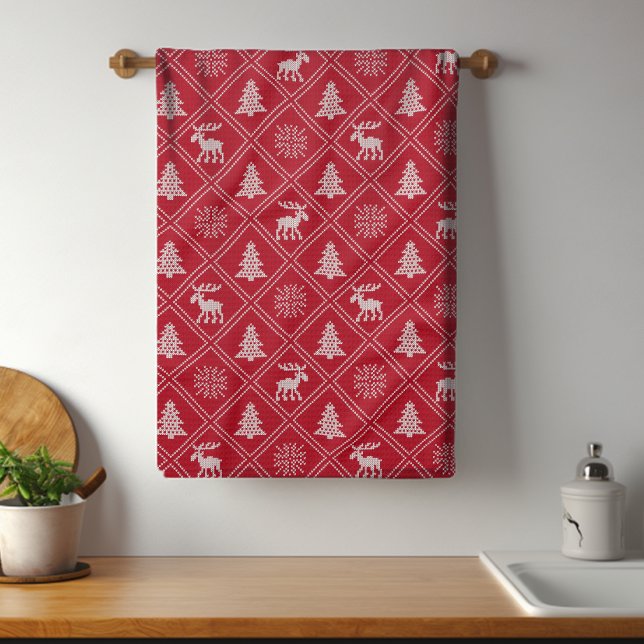 Christmas Knit Moose Tree Red Winter Holidays Kitchen Towel (Creator Uploaded)