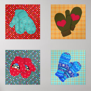 Christmas Knitted Mittens Cute Dots and Plaid  Wall Art Sets
