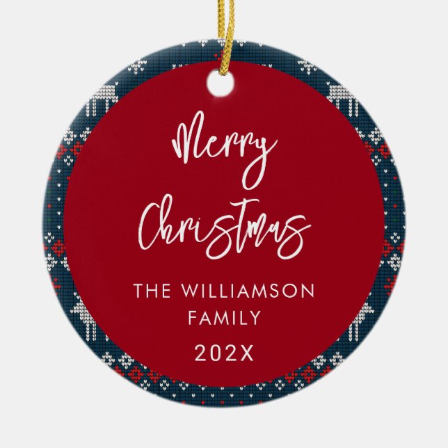 Christmas Knitted Pattern Festive Nordic Family Ceramic Ornament (Front)