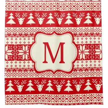 Christmas Knitted Pattern Monogram Initial Shower Curtain by ShowerCurtain101 at Zazzle