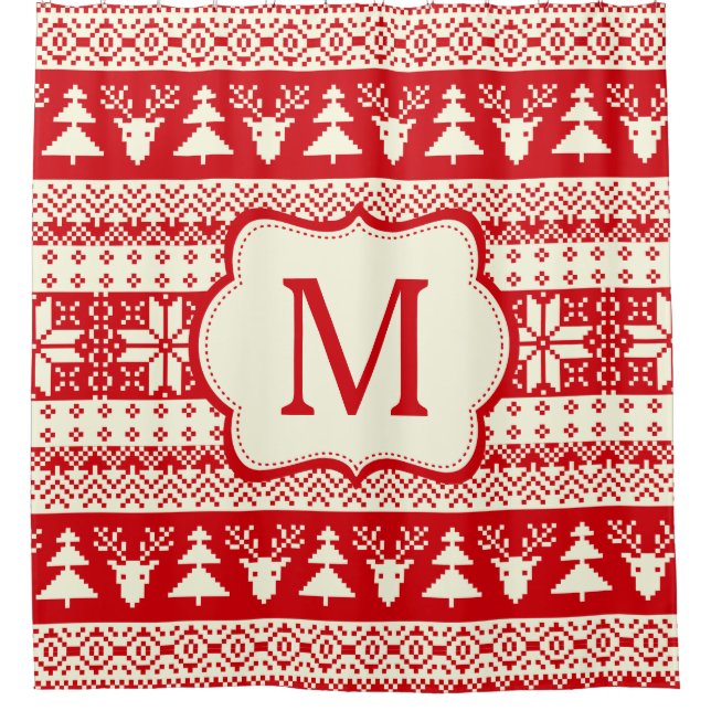 Christmas Knitted Pattern Monogram Initial Shower Curtain (Front)