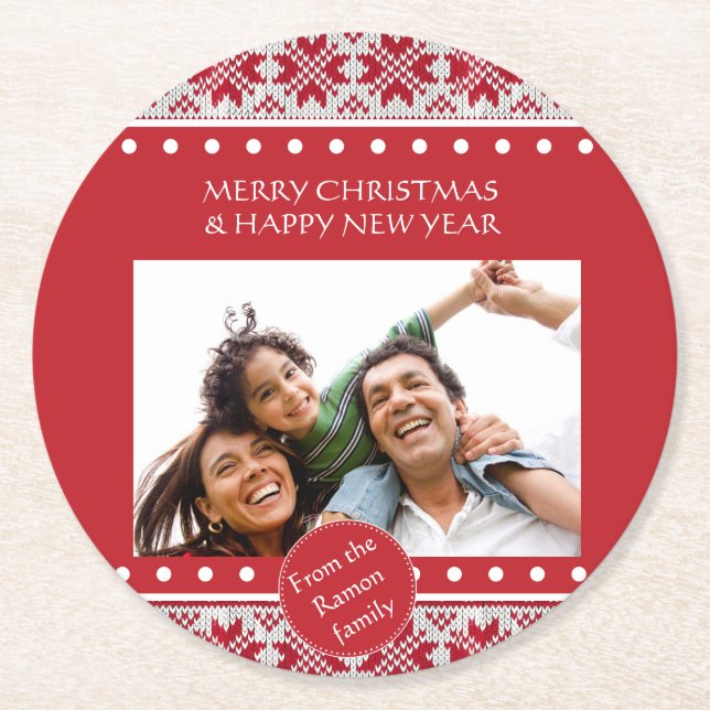 Christmas knitted pattern round paper coaster (Front)