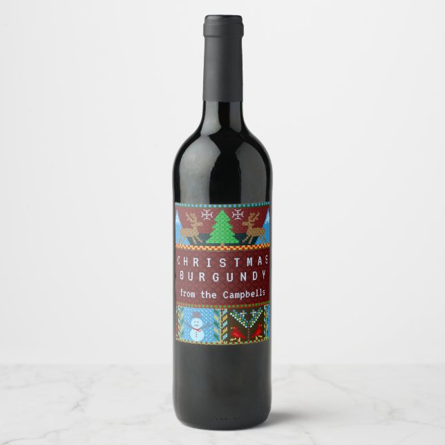 Christmas Knitted Sweater Custom Family Name Gift Wine Label (Front)