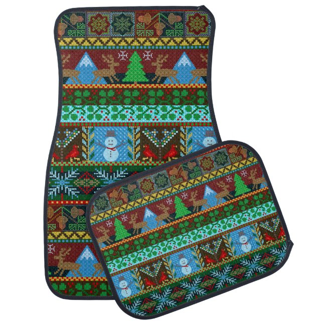 Christmas Knitted Sweater Pattern Reindeer Holiday Car Mat (Set)