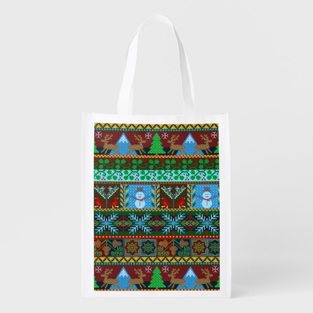 Christmas Knitted Sweater Pattern Reindeer Holiday Grocery Bag (Front)