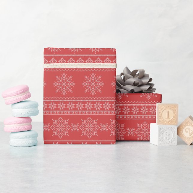 Christmas knitting nordic red white xmas snow wrapping paper (Baby Shower)
